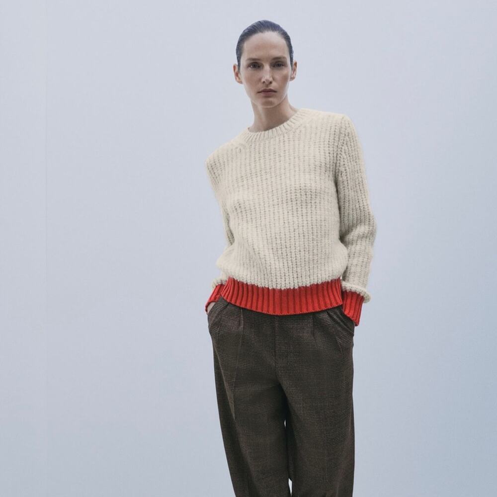 Zara Vintage-Inspired Rib Knit Sweater Cream Tan Contrast Trim Preppy Size Small